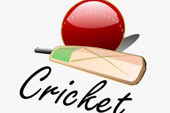 A graphic of a red cricket ball, cricket paddle and text "Cricket." 