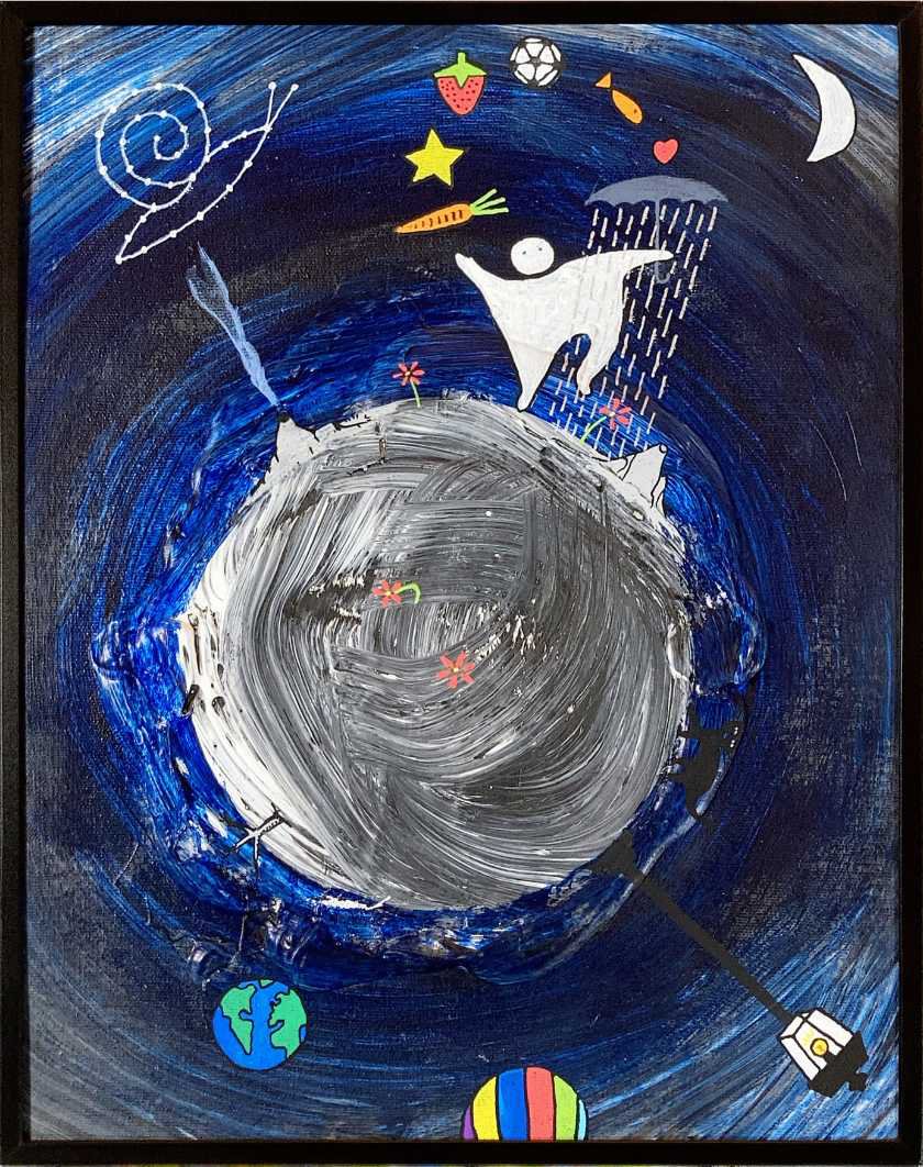 A paintinging of a space setting with a grey planet in center featuring volcanoes, trees,a lampost, a black cat, and flowers around the perimeter, and the background a ball, earth,cresent moon, cellestrial snail, and a person juggling objects.