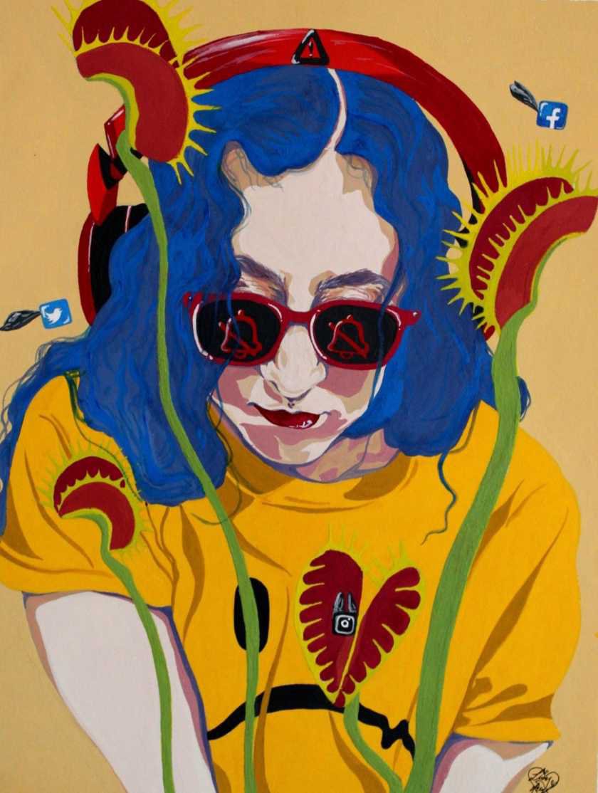 A painting of a woman with blue hair look down, wearing red sunglasses, lipstick and headphones, a yellow shirt with a sad face, and venous fly traps in the foreground and social media icons in the background. 
