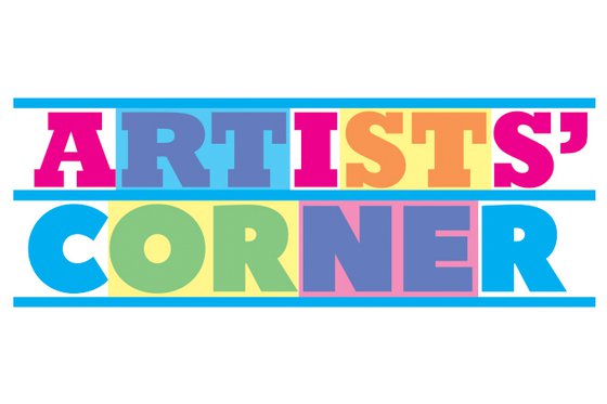 Text "ARTISTS'" in pink letters with transparent blue and yellow blocks over "RT" and "ST" and text "CORNER" below in blue letters with transparent yellow and pink blocks over "OR" and "NE" to change the colors. 