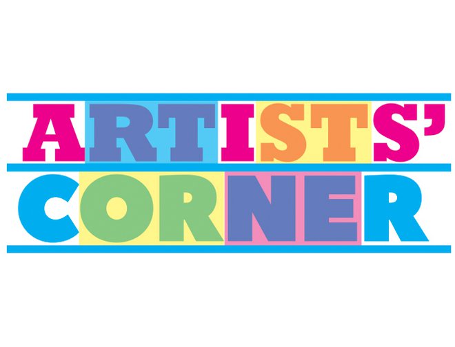 Text "ARTISTS'" in pink letters with transparent blue and yellow blocks over "RT" and "ST" and text "CORNER" below in blue letters with transparent yellow and pink blocks over "OR" and "NE" to change the colors. 