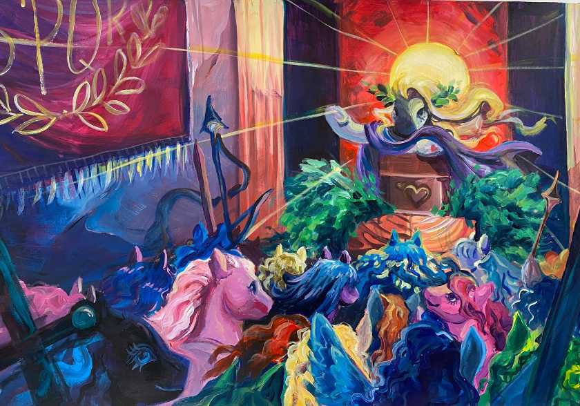 A painting of colorful ponies all facing one pony standing at a podium with a robe and long hair with a blazing sun behind her. 