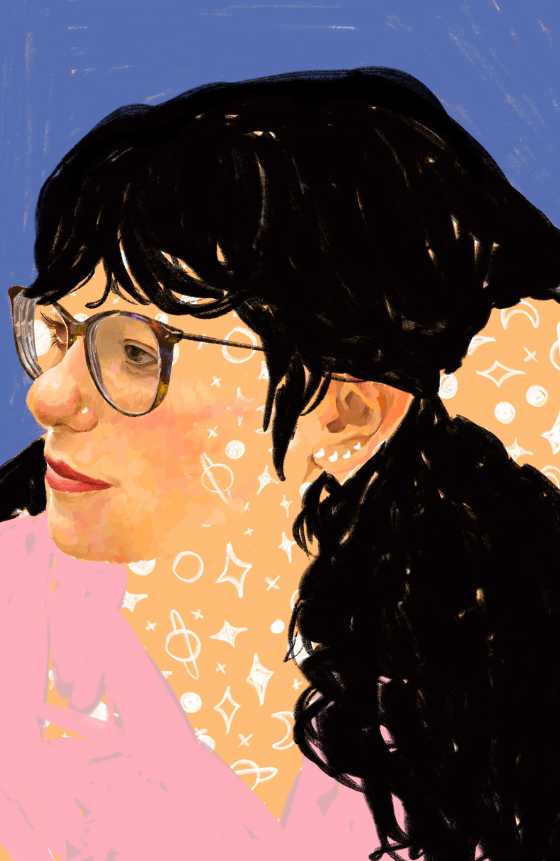 Self portrait of the artist, with long dark hair and glasses. It shows their face in a side profile leaning their head against their arm. There are white stars and planet outlines drawn in a pattern over their neck and hand.