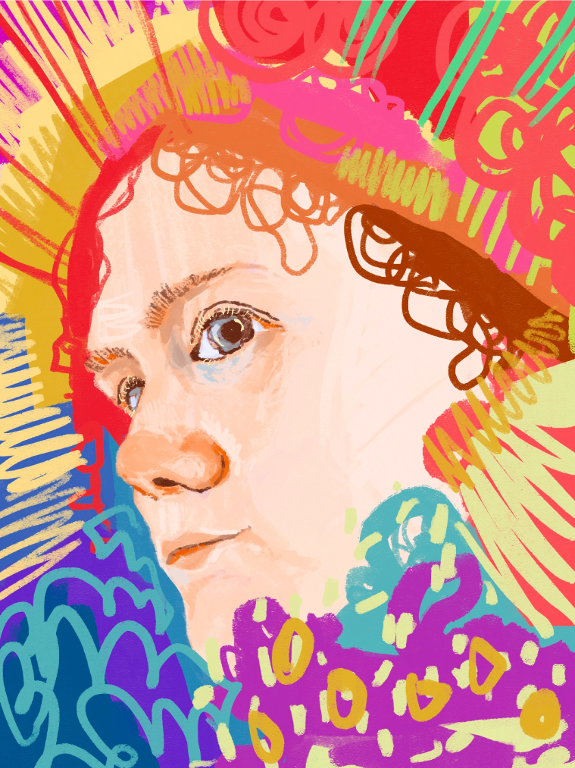 Digital illustration of a face with pale skin, and blue eyes surrounded by abtract colorful patterns.  