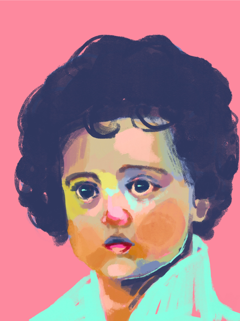 Digital illustration of a small child with large eyes against a pink background. 
