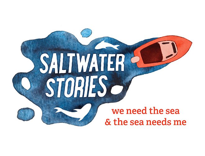 Logo for saltwater stories with a boat and the text  "we need the sea and the sea needs me."