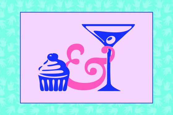 Graphic for Cupcakes and Cocktails featuring a blue border with white polka dots, a cupcake, an ampersand, and a cocktail glass.