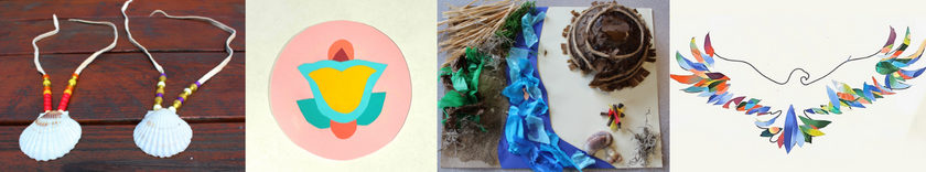 Photograph collage of four crafts for the Toyuskanash exhibit. A shell necklace, a paper flower, a diorama, and a paper bird.