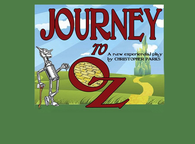Logo for "Journey to Oz" featuring the Tin Man standing at the start of the Yellow Brick Road.