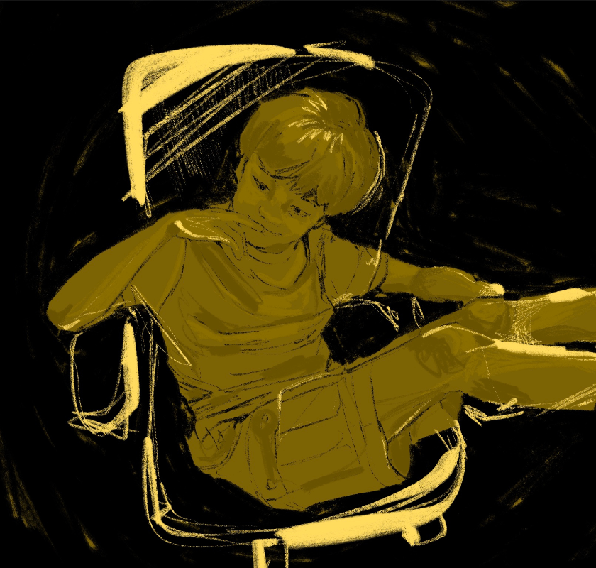 Digital illustration of a child sitting on a black chair. 