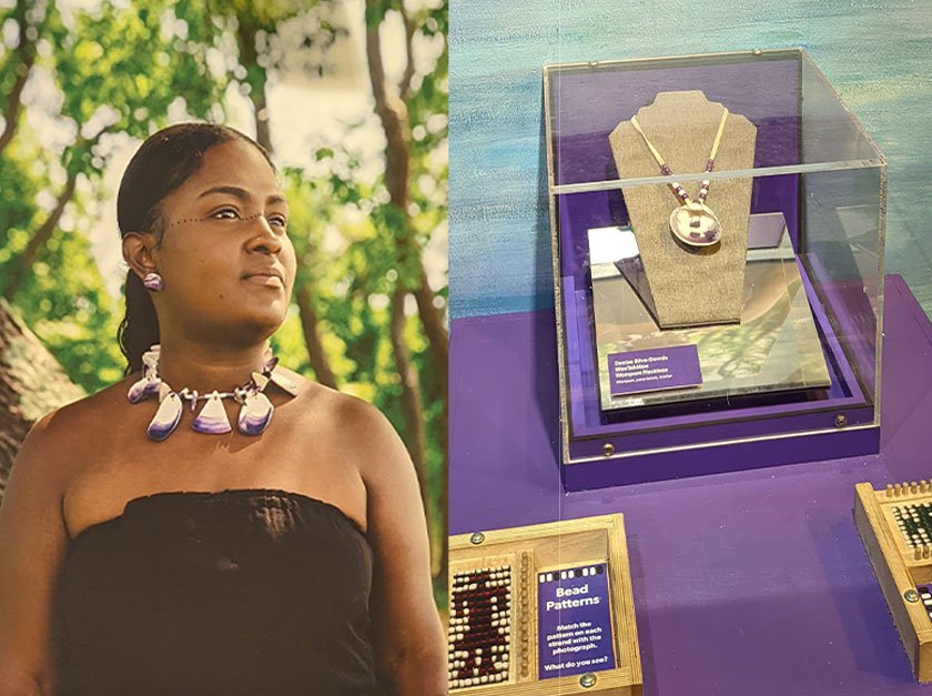 Photograph of person wearing a shell necklace next to a photograph of a shell necklace in a museum display case. 