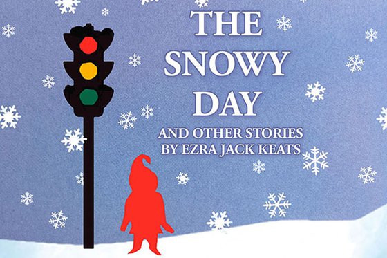 Cover of The Snowy Day book with a blue background, white snowflakes, snow on the ground, a stop light and achild in a red snowsuit. 