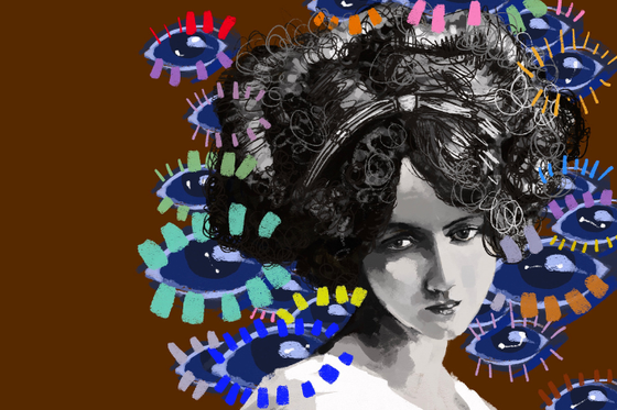 Digital illustration of a bust of a woman with large curly hair, surrounded by abstract eyesballs. 