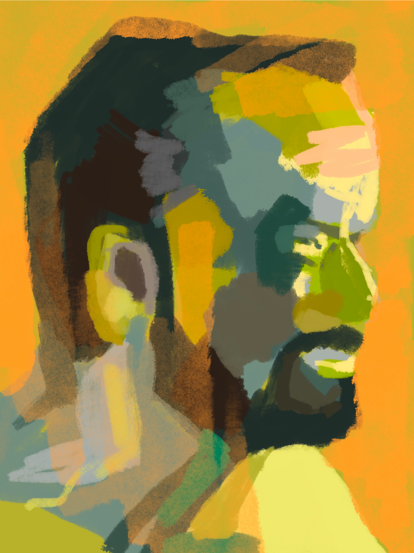 Digital illustration of a man with a beard in hues of blue, yellow, pink and brown. 