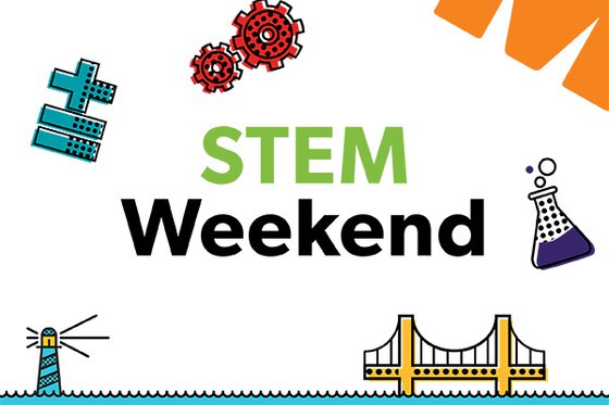 Words STEM Weekend surrounded by colorful icons of a suspension bridge, lab beaker, connecting gears and a plus and equal symbol.