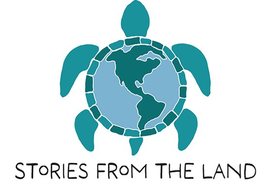 Graphic blue turtle whose shell resembles the earth and on the bottom of image text "Stories From the Land." 